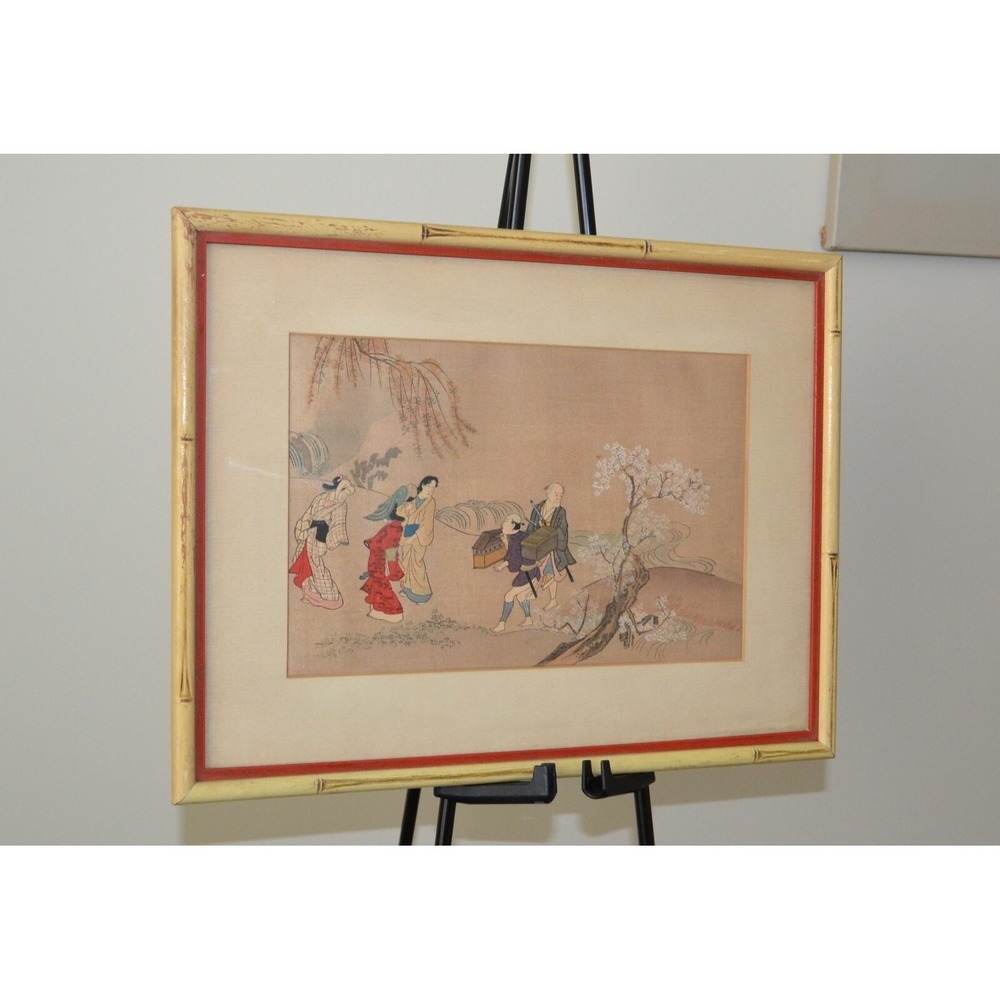 1950s Japanese People Drawing Seeing the Cherry Blossoms w/ Framed Bamboo